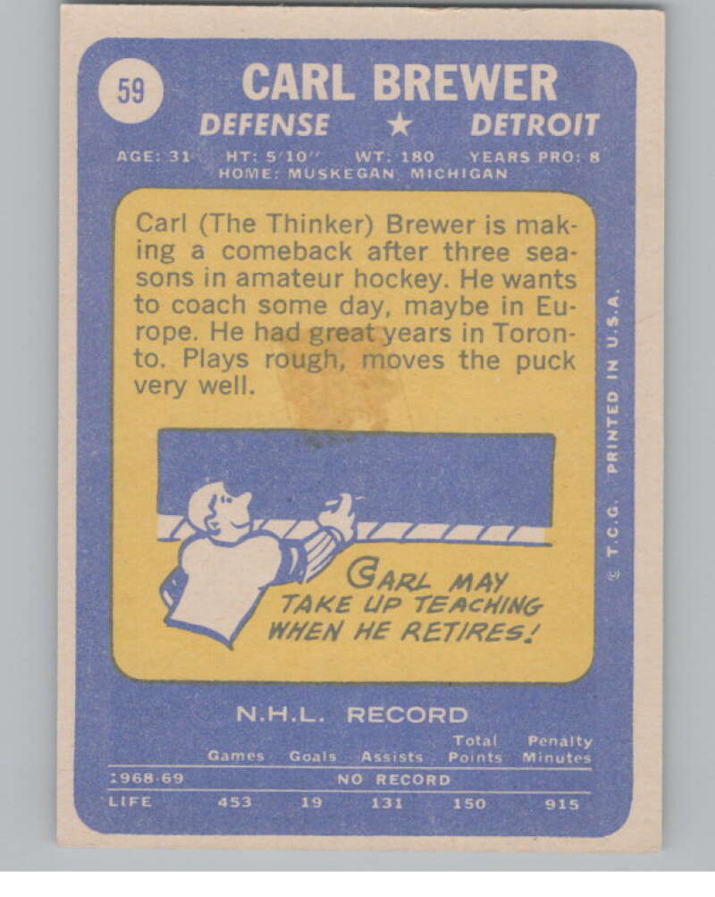 1969-70 Topps #59 Carl Brewer Hockey Detroit Red Wings V104350 Image 2
