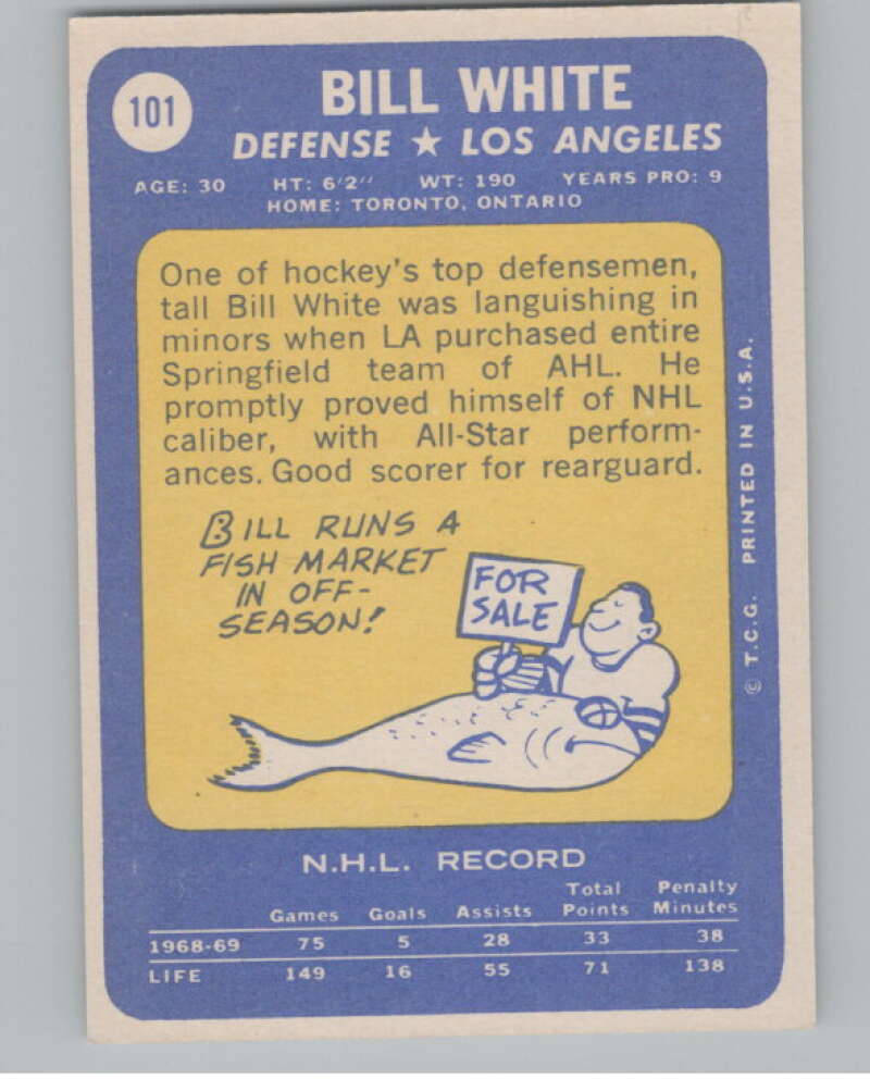 1969-70 Topps #101 Bill White Hockey Los Angeles Kings V104356 Image 2