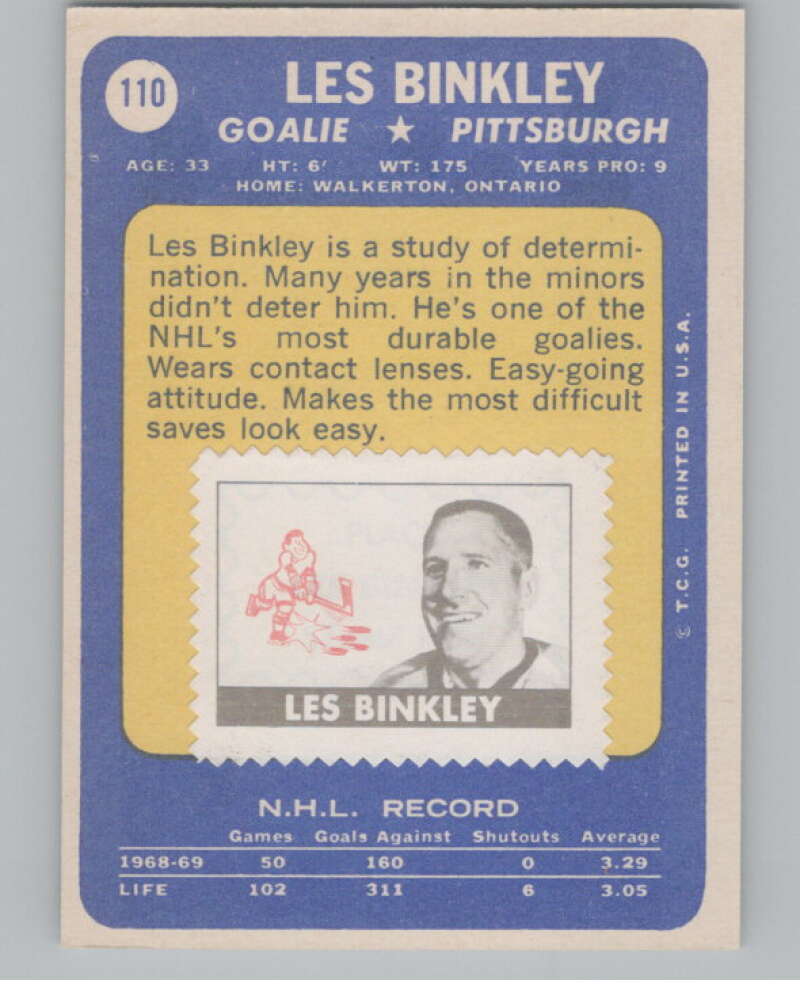 1969-70 Topps #110 Les Binkley Hockey Pittsburgh Penguins V104360 Image 2
