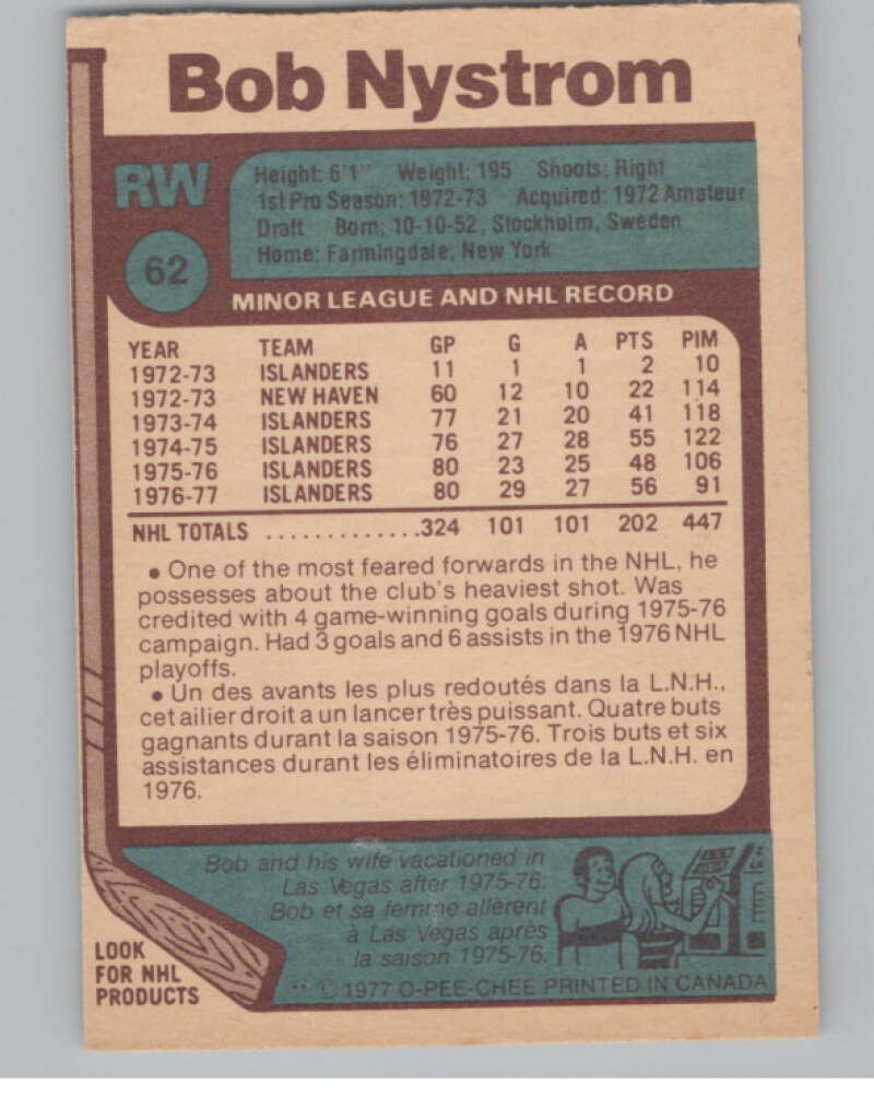 1977-78 O-Pee-Chee #62 Bob Nystrom Hockey New York Islanders V104368 Image 2