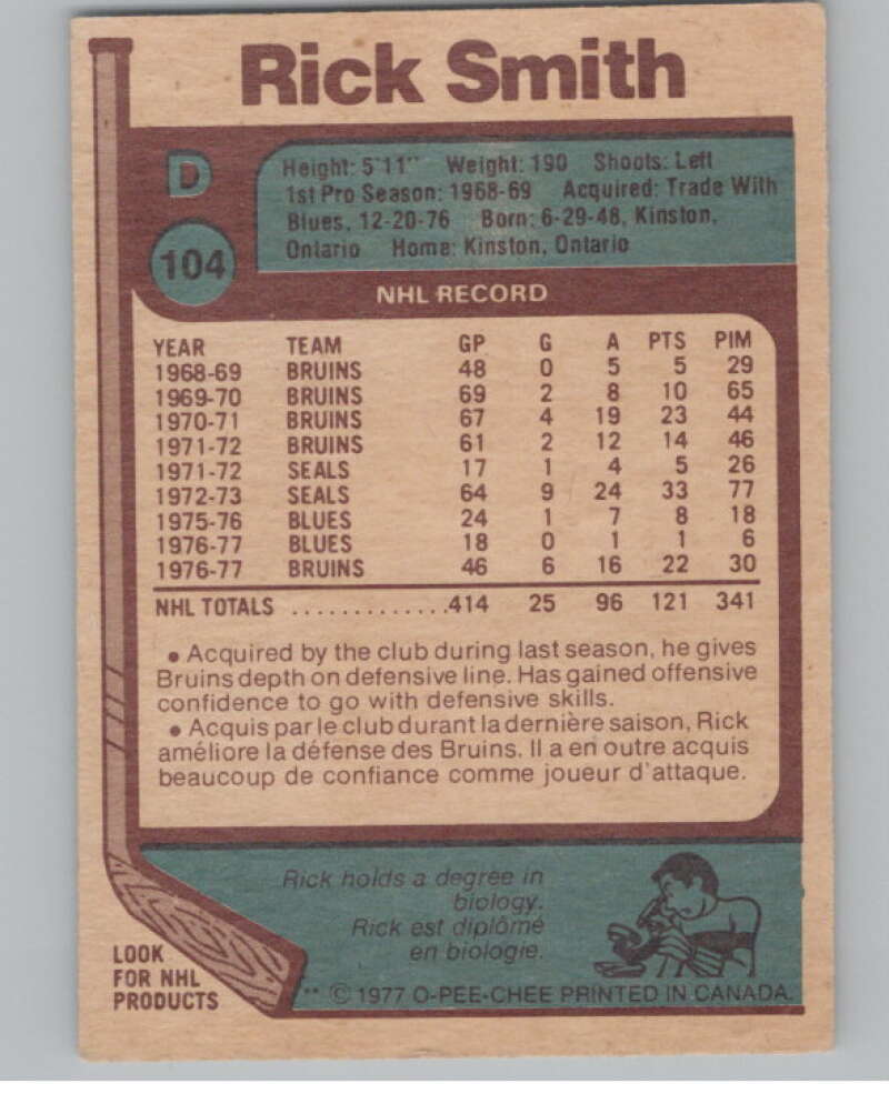 1977-78 O-Pee-Chee #104 Rick Smith Hockey Boston Bruins V104372 Image 2