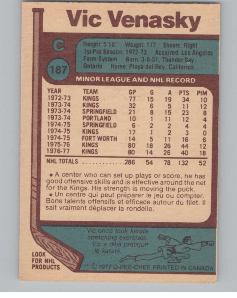 1977-78 O-Pee-Chee #187 Vic Venasky Hockey Los Angeles Kings V104376 Image 2