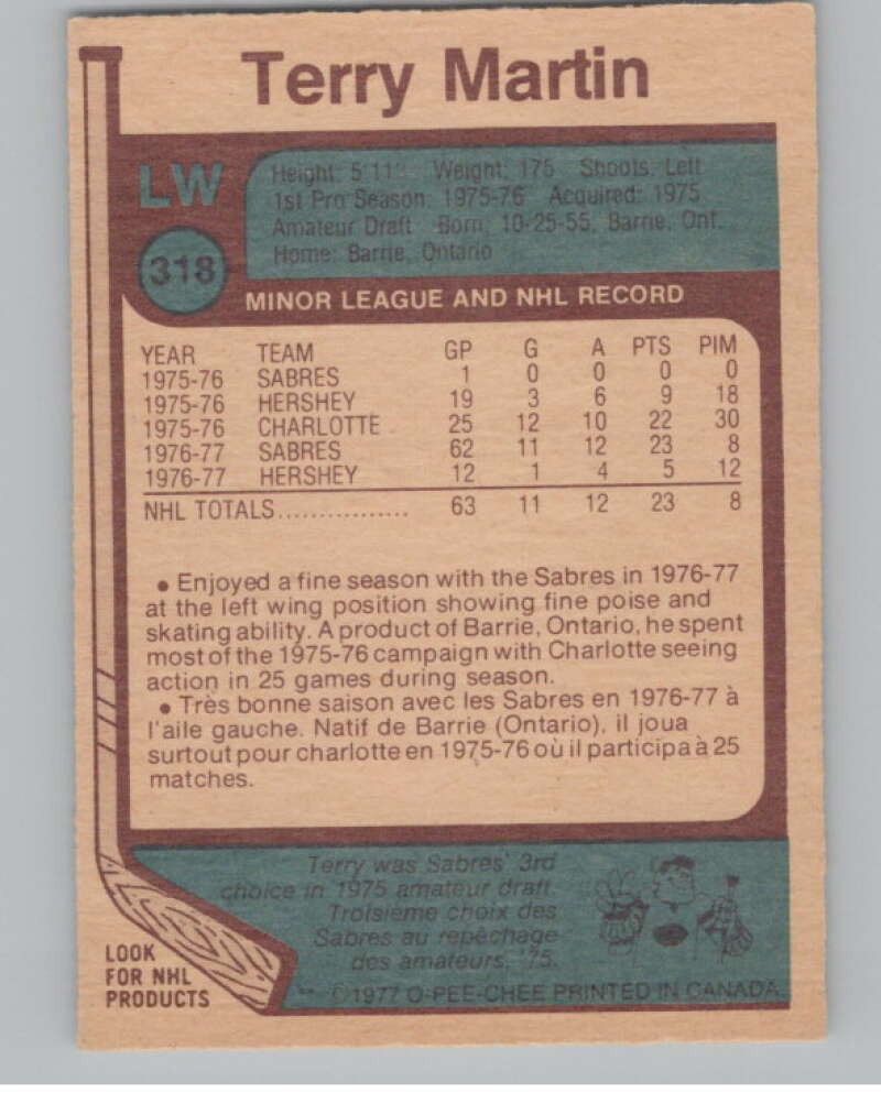 1977-78 O-Pee-Chee #318 Terry Martin Hockey RC Rookie Buffalo Sabres V104384 Image 2