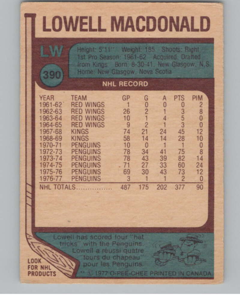 1977-78 O-Pee-Chee #390 Lowell MacDonald Hockey Pittsburgh Penguins V104387 Image 2