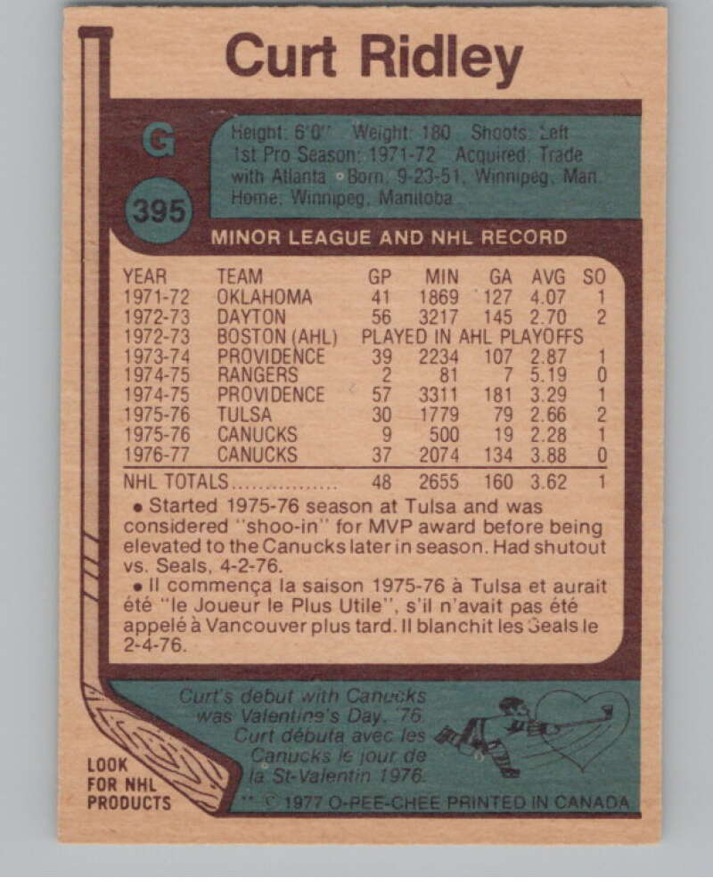 1977-78 O-Pee-Chee #395 Curt Ridley Hockey Vancouver Canucks V104388 Image 2