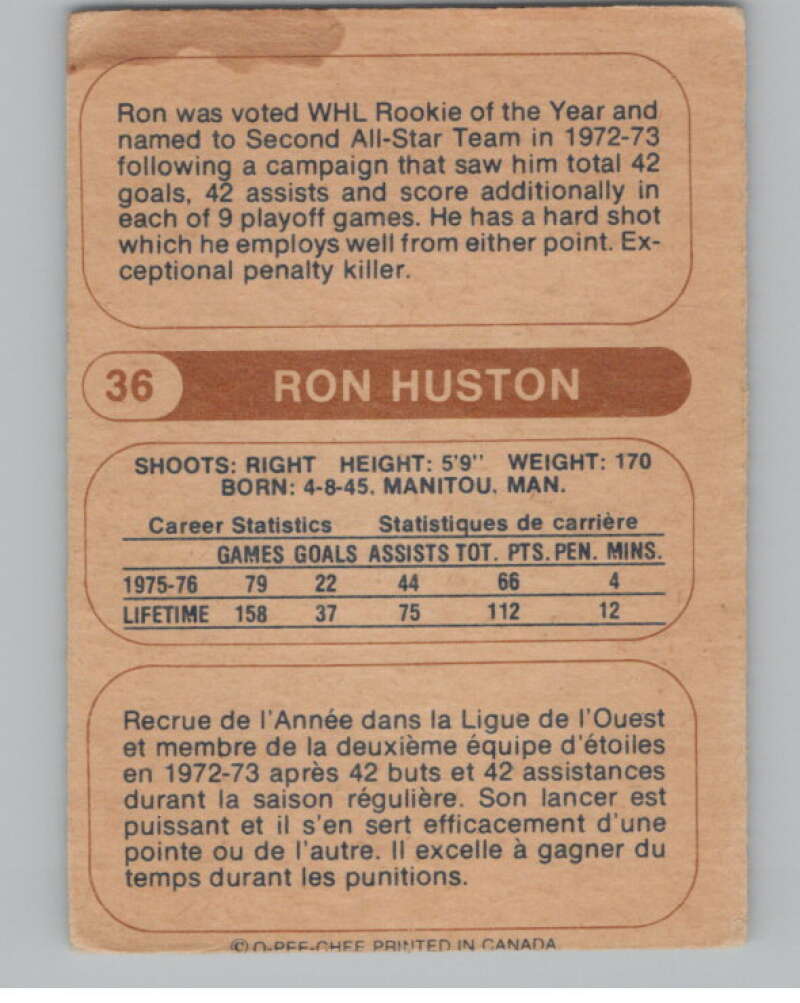 1976-77 O-Pee-Chee WHA #36 Ron Huston Hockey RC Rookie Roadrunners V104392 Image 2