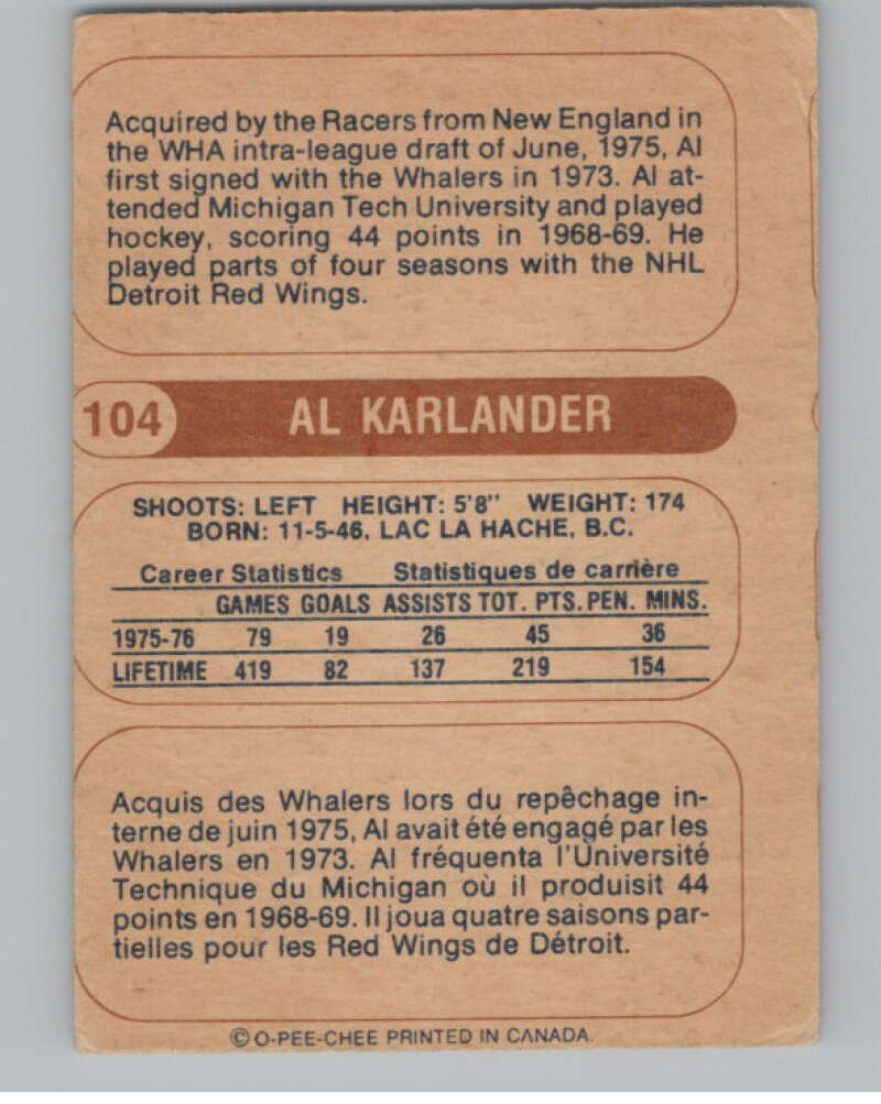 1976-77 O-Pee-Chee WHA #104 Al Karlander Hockey RC Rookie Racers V104403 Image 2
