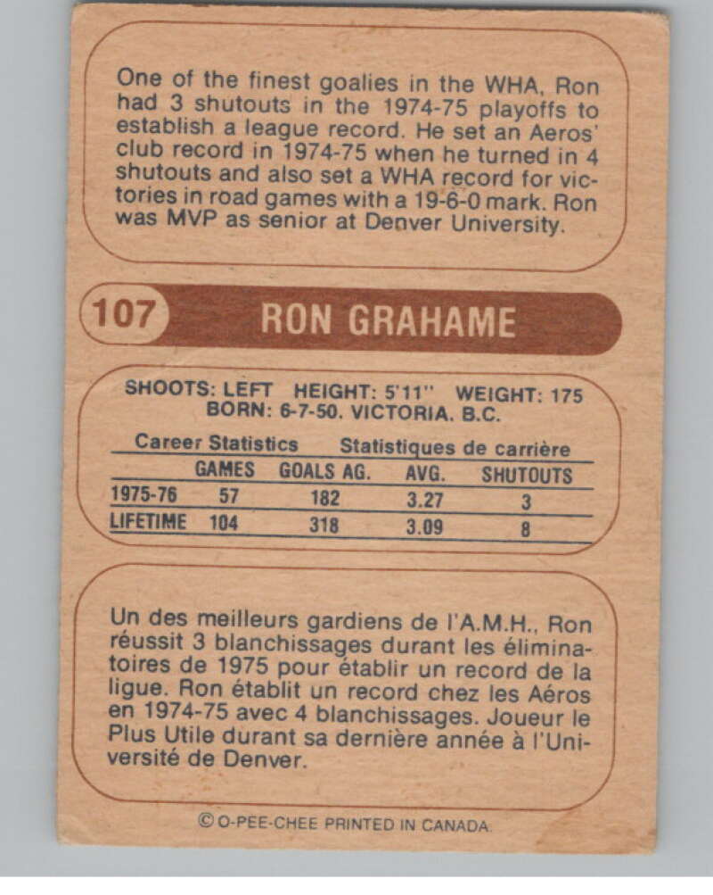 1976-77 O-Pee-Chee WHA #107 Ron Grahame Hockey Houston Aeros V104404 Image 2