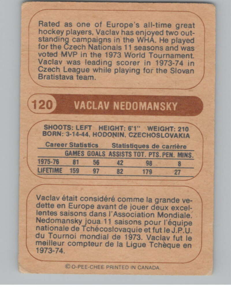1976-77 O-Pee-Chee WHA #120 Vaclav Nedomansky Hockey Bulls V104406 Image 2