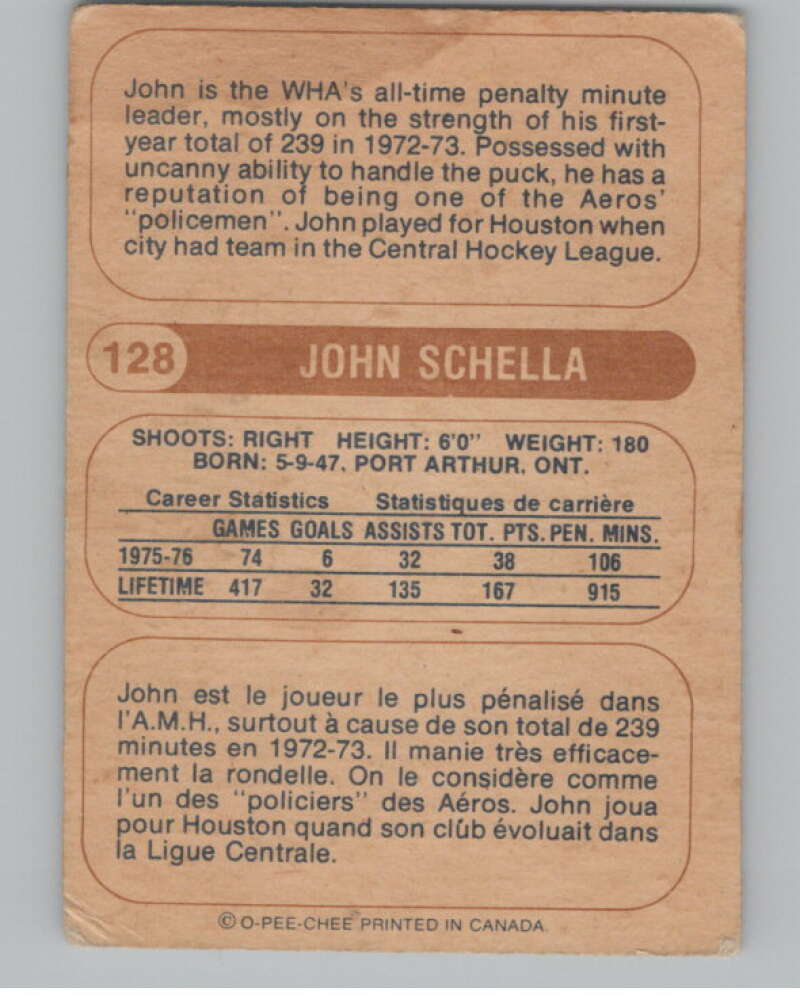 1976-77 O-Pee-Chee WHA #128 John Schella Hockey Houston Aeros V104409 Image 2