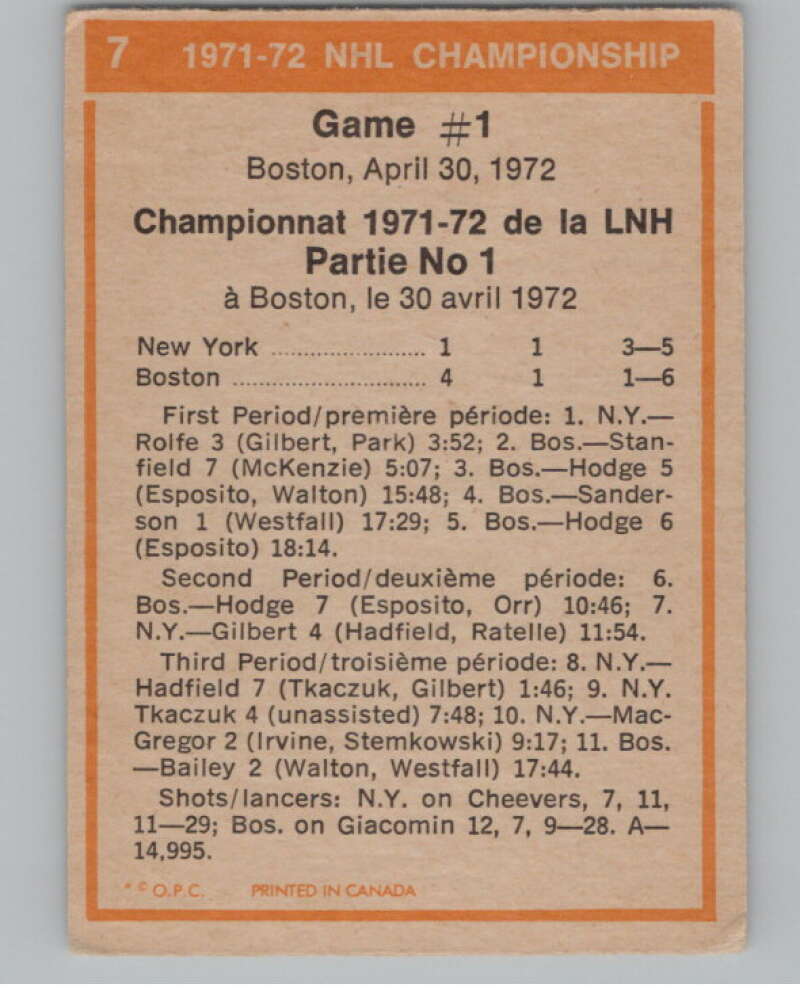1972-73 O-Pee-Chee #7 Playoff Game 1 Bruins/Rangers V104417 Image 2
