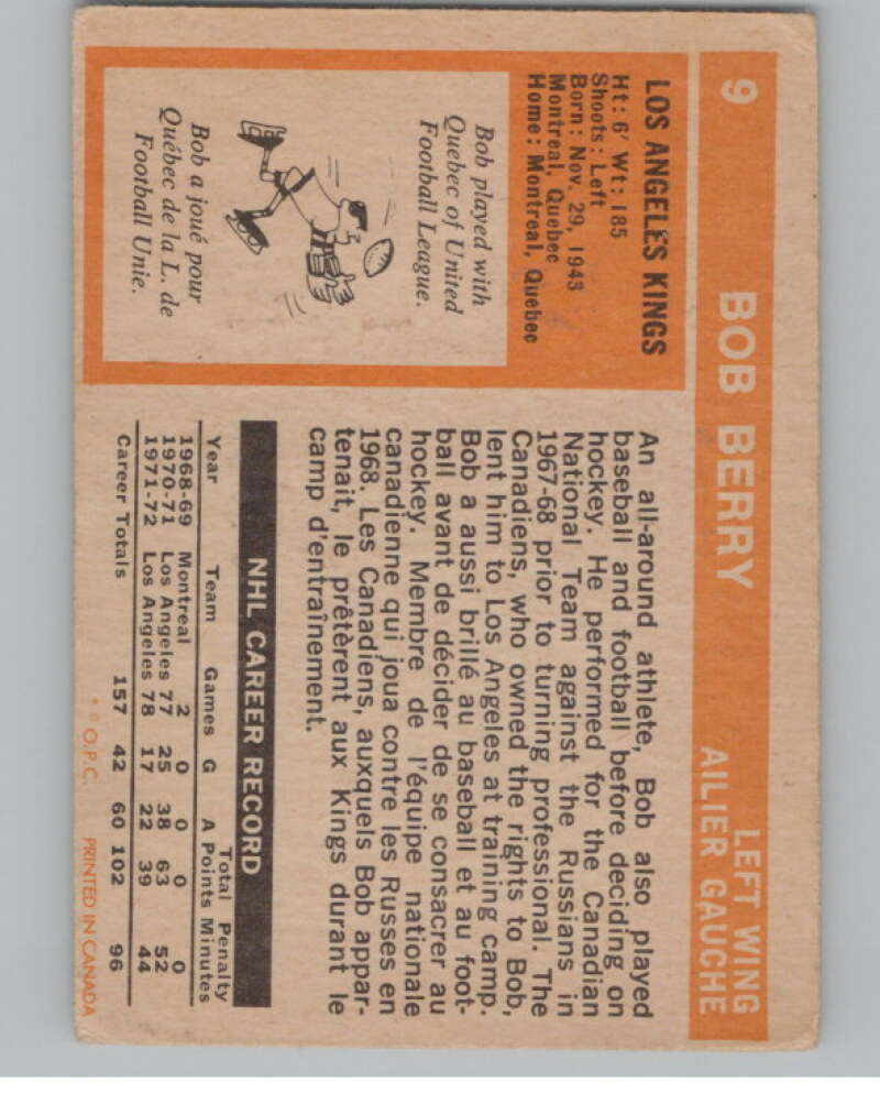 1972-73 O-Pee-Chee #9 Bob Berry Los Angeles Kings V104418 Image 2