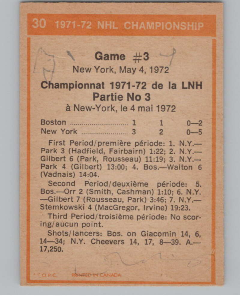 1972-73 O-Pee-Chee #30 Playoff Game 3 New York Rangers/Bruins V104433 Image 2