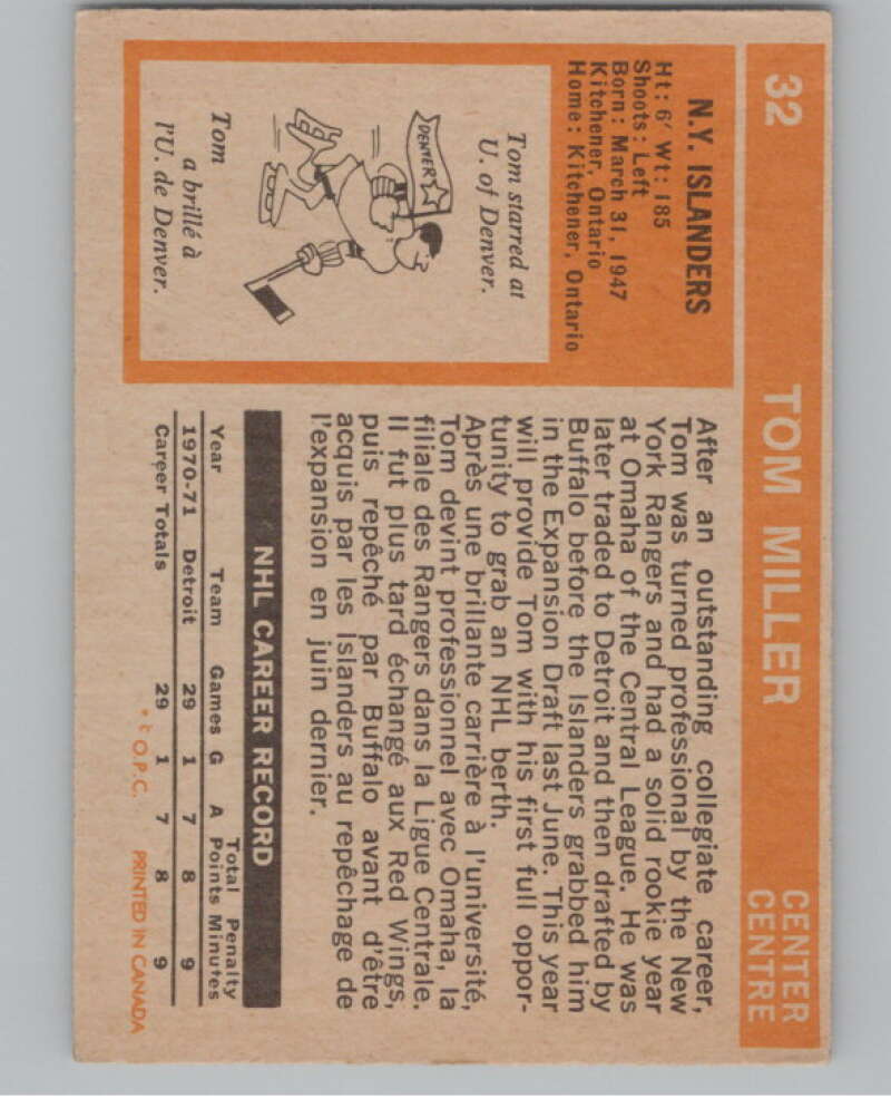 1972-73 O-Pee-Chee #32 Tom Miller RC Rookie New York Islanders V104434 Image 2