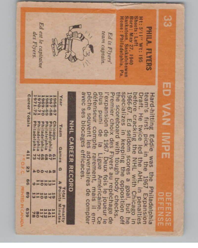 1972-73 O-Pee-Chee #33 Ed Van Impe Philadelphia Flyers V104436 Image 2