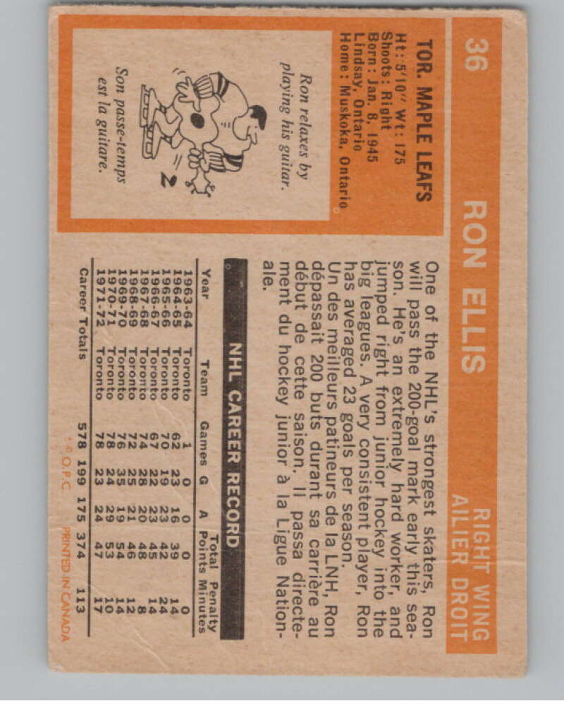 1972-73 O-Pee-Chee #36 Ron Ellis Toronto Maple Leafs V104438 Image 2