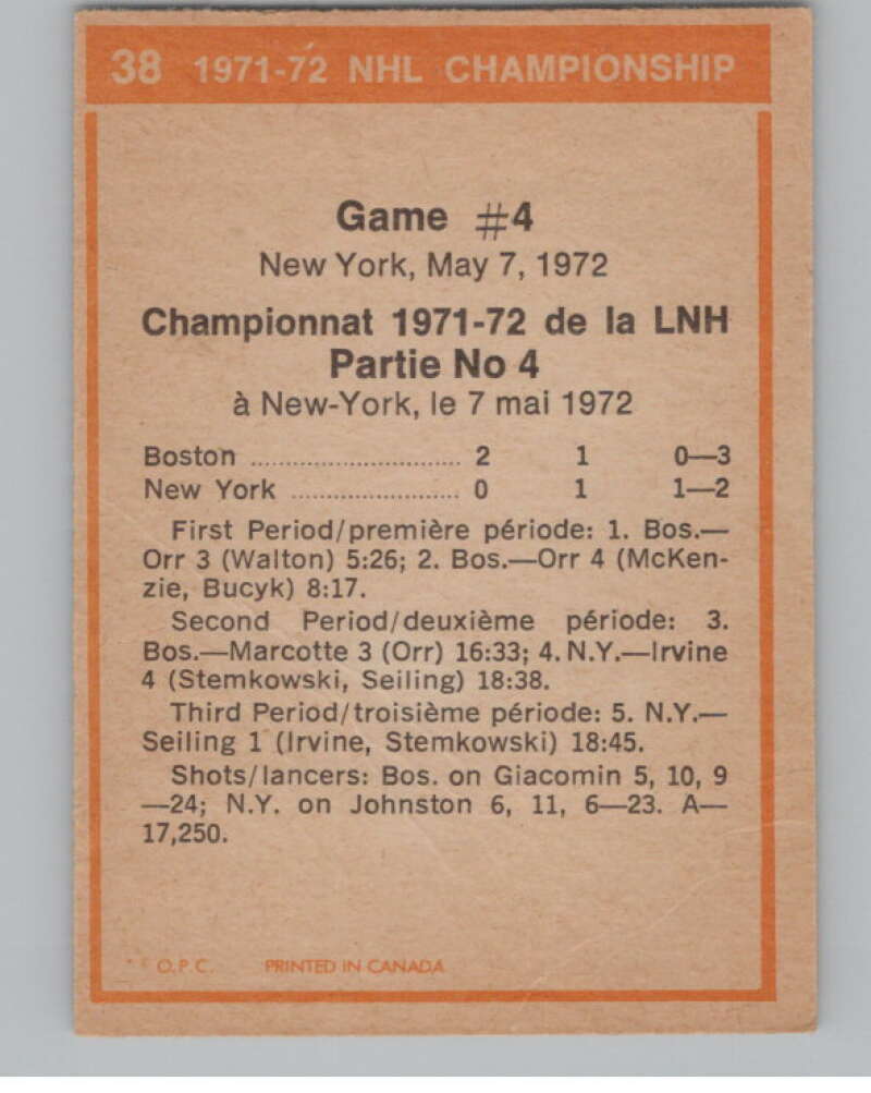 1972-73 O-Pee-Chee #38 Playoff Game 4 Boston Bruins/Rangers V104441 Image 2