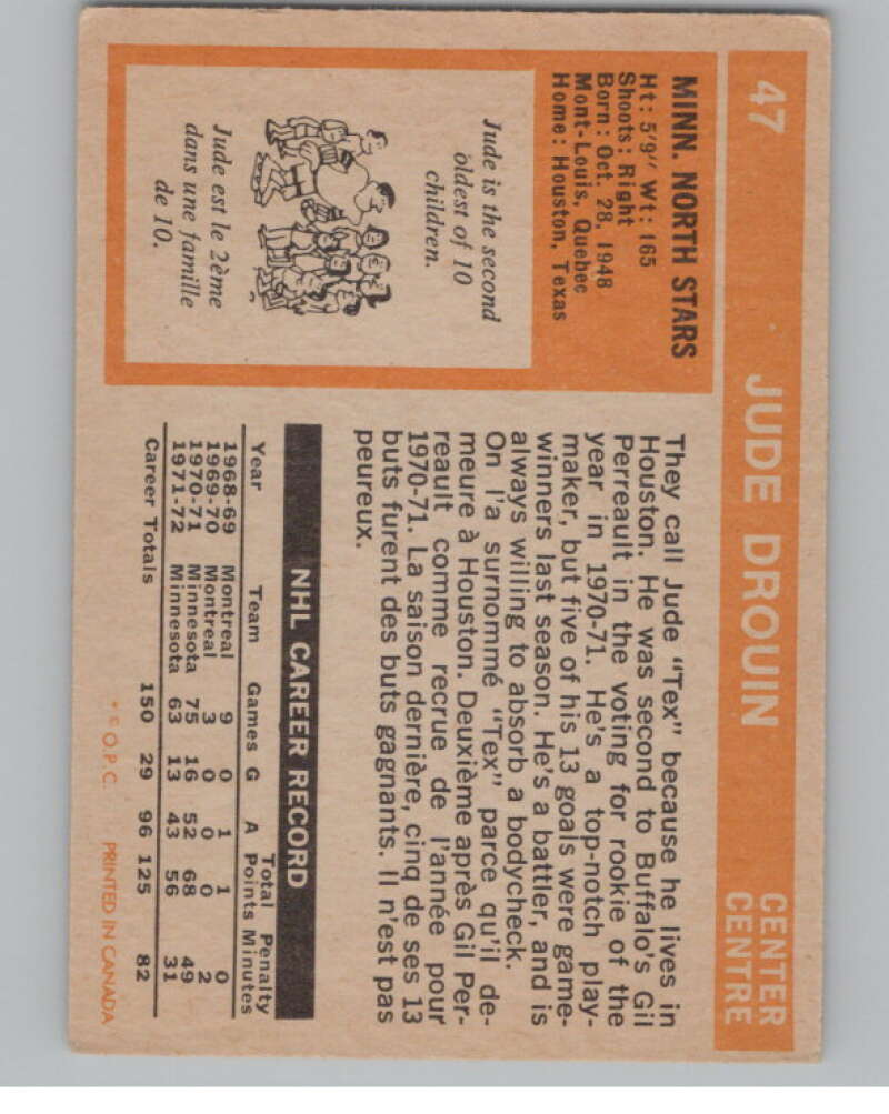 1972-73 O-Pee-Chee #47 Jude Drouin Minnesota North Stars V104448 Image 2