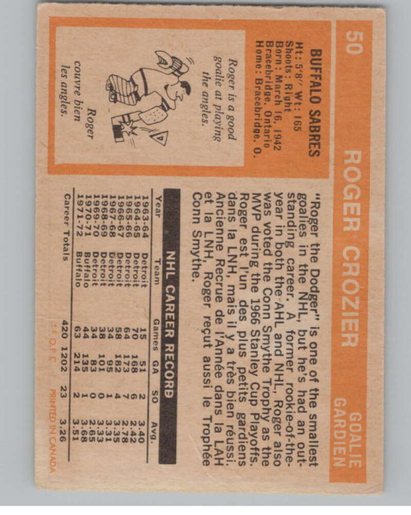 1972-73 O-Pee-Chee #50 Roger Crozier Buffalo Sabres V104452 Image 2