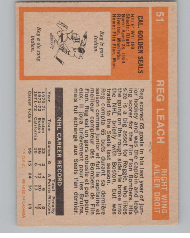 1972-73 O-Pee-Chee #51 Reggie Leach California Golden Seals V104454 Image 2