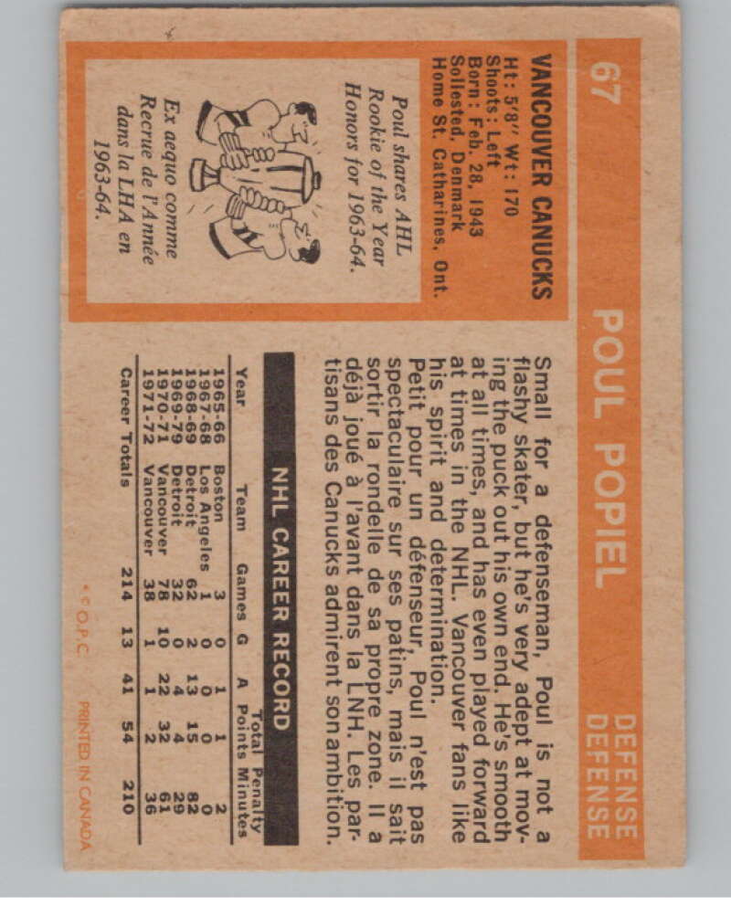 1972-73 O-Pee-Chee #67 Poul Popiel Vancouver Canucks V104465 Image 2