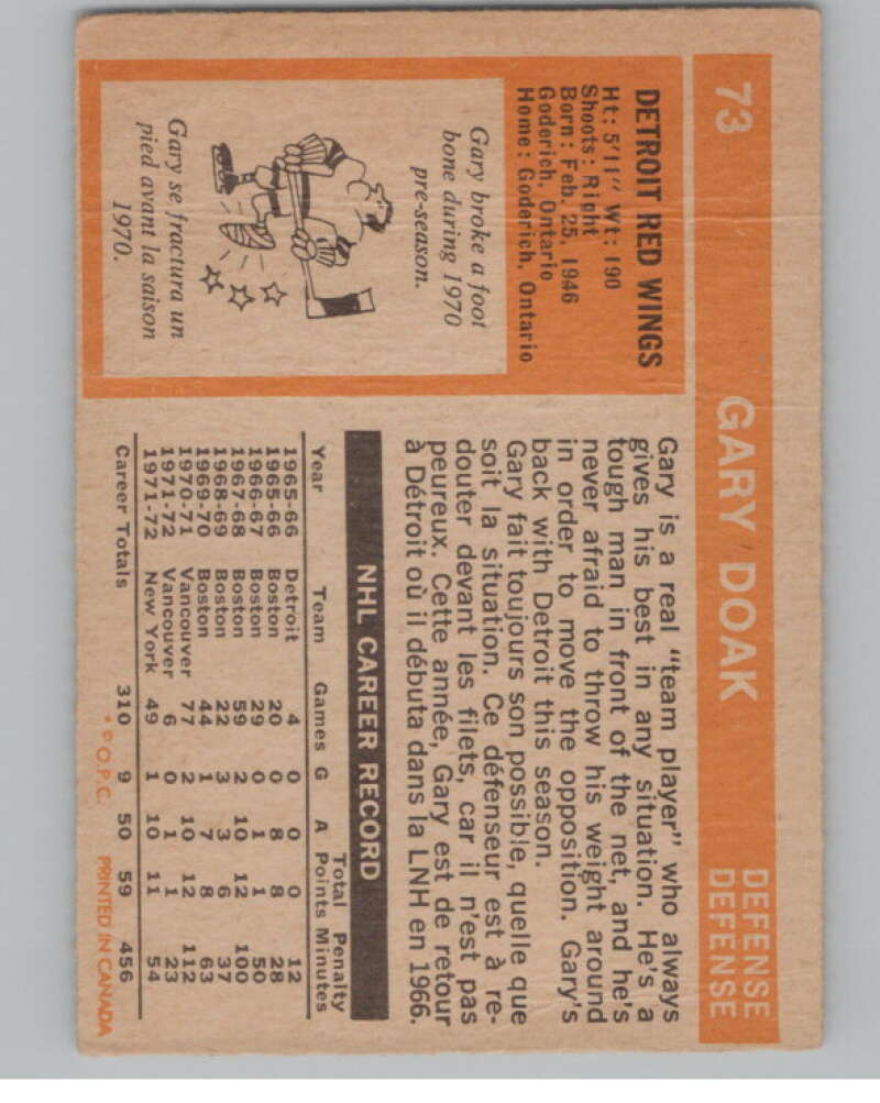 1972-73 O-Pee-Chee #73 Gary Doak Detroit Red Wings V104469 Image 2