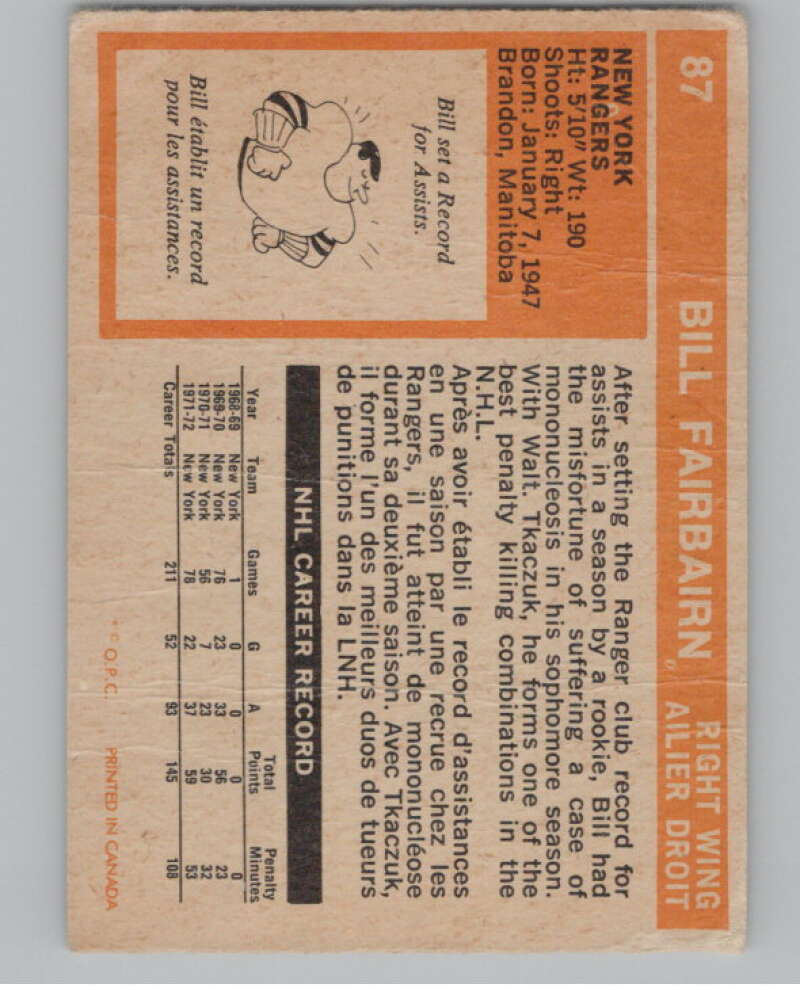 1972-73 O-Pee-Chee #87 Bill Fairbairn New York Rangers V104482 Image 2