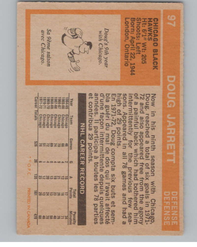 1972-73 O-Pee-Chee #97 Doug Jarrett Chicago Blackhawks V104487 Image 2