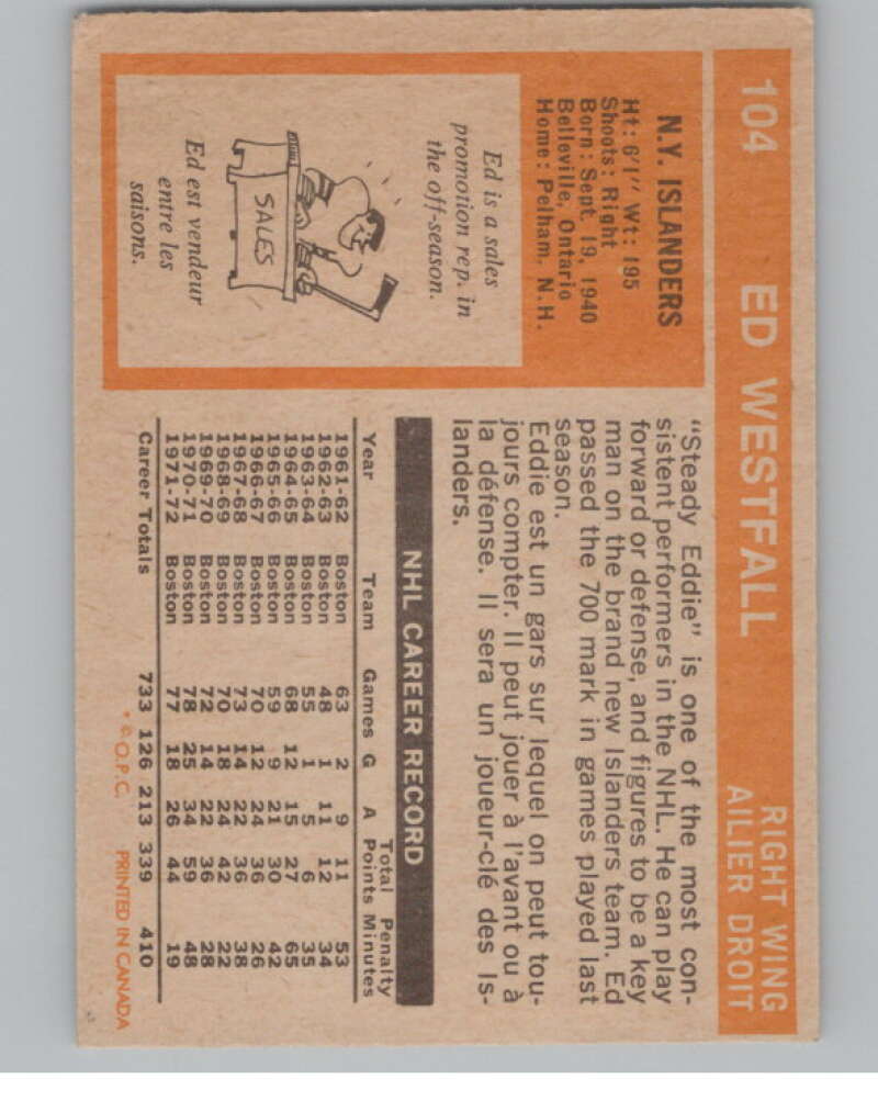1972-73 O-Pee-Chee #104 Ed Westfall New York Islanders V104490 Image 2