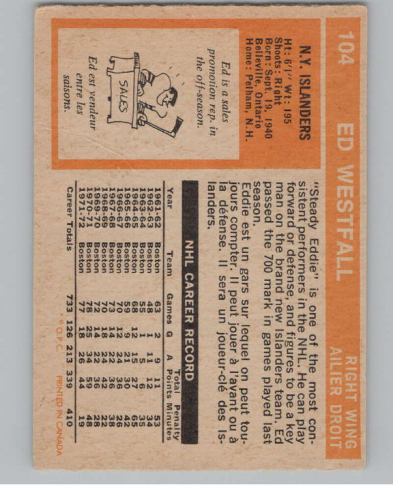 1972-73 O-Pee-Chee #104 Ed Westfall New York Islanders V104491 Image 2
