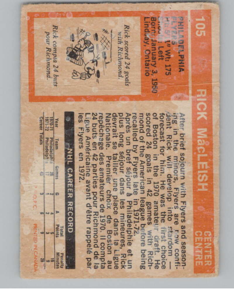 1972-73 O-Pee-Chee #105 Rick MacLeish Philadelphia Flyers V104494 Image 2