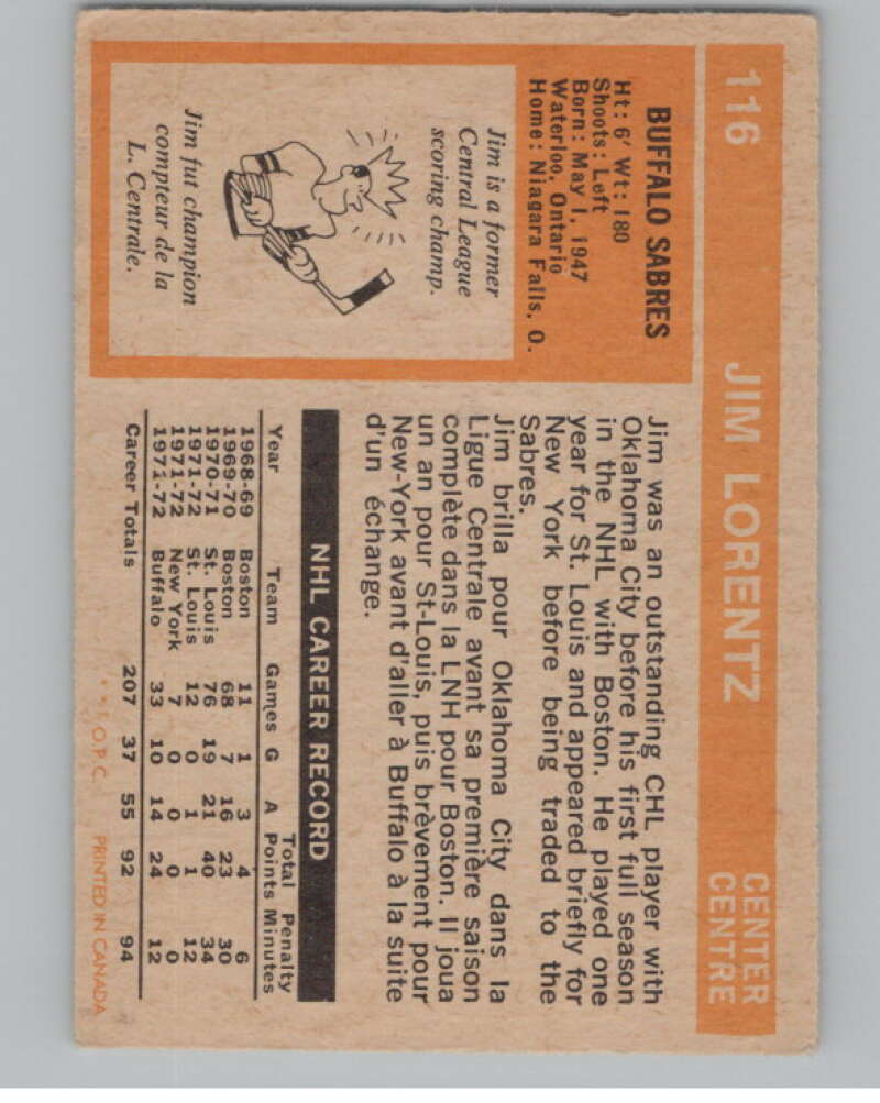 1972-73 O-Pee-Chee #116 Jim Lorentz Buffalo Sabres V104503 Image 2