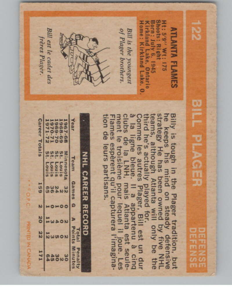 1972-73 O-Pee-Chee #122 Bill Plager RC Rookie Atlanta Flames V104506 Image 2