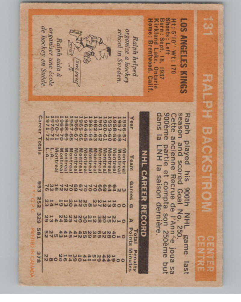 1972-73 O-Pee-Chee #131 Ralph Backstrom Los Angeles Kings V104512 Image 2