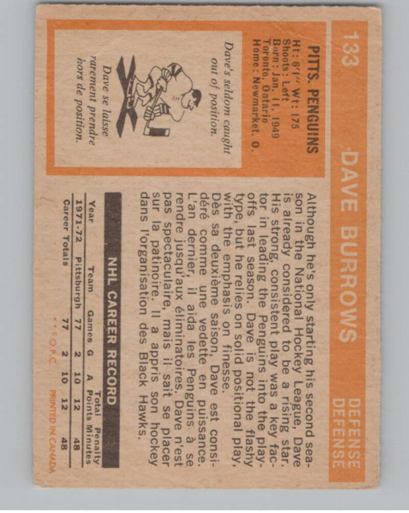 1972-73 O-Pee-Chee #133 Dave Burrows RC Rookie Pittsburgh Penguins V104513 Image 2