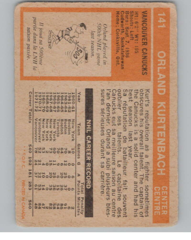 1972-73 O-Pee-Chee #141 Orland Kurtenbach Vancouver Canucks V104519 Image 2