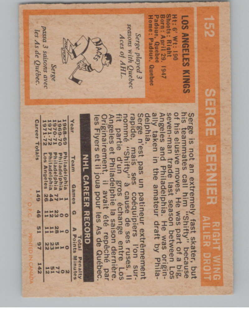 1972-73 O-Pee-Chee #152 Serge Bernier Los Angeles Kings V104525 Image 2
