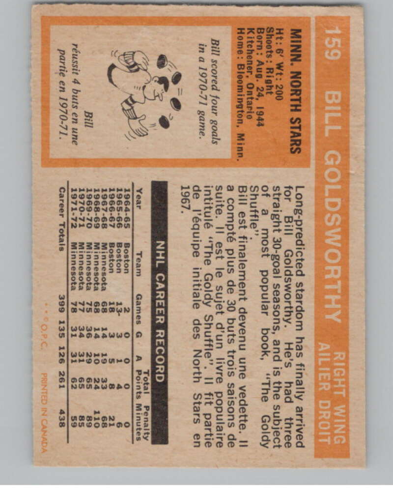 1972-73 O-Pee-Chee #159 Bill Goldsworthy Minnesota North Stars V104531 Image 2