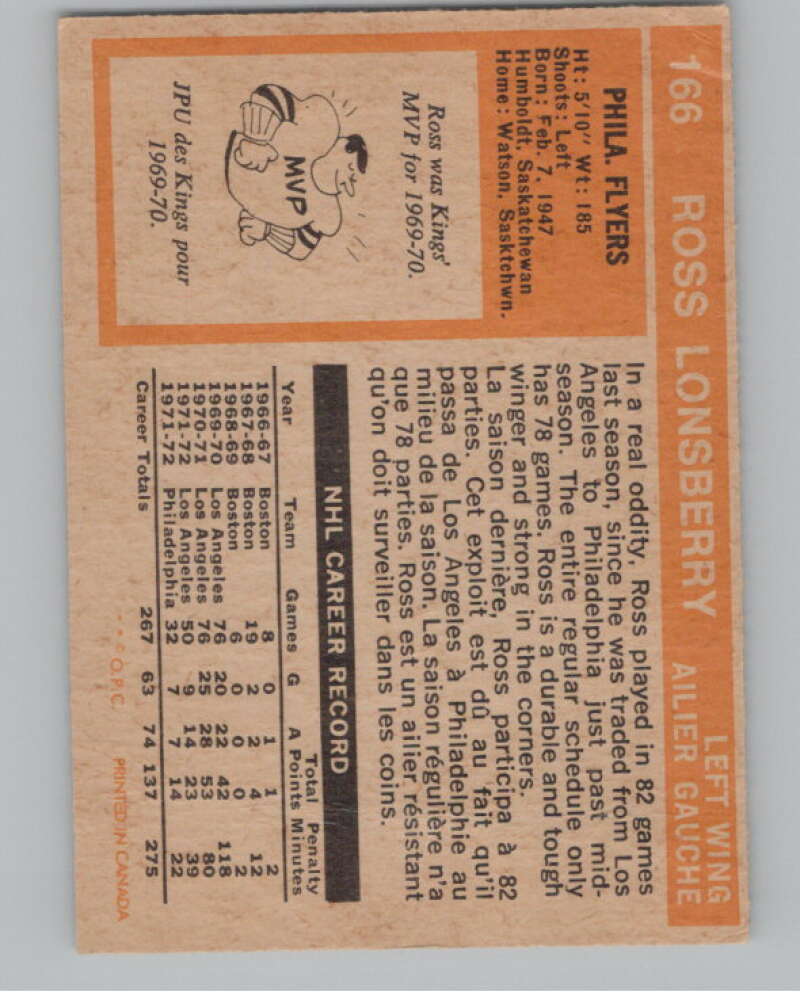 1972-73 O-Pee-Chee #166 Ross Lonsberry Philadelphia Flyers V104537 Image 2
