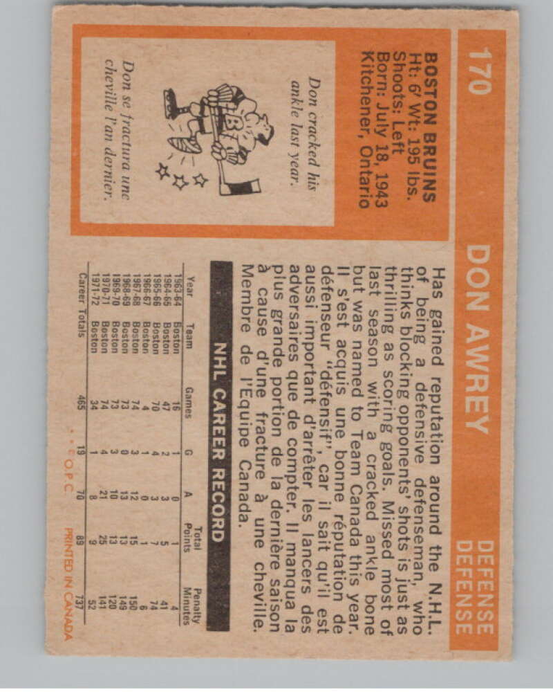 1972-73 O-Pee-Chee #170 Don Awrey Boston Bruins V104539 Image 2