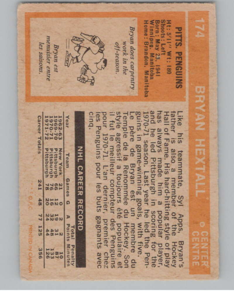 1972-73 O-Pee-Chee #174 Bryan Hextall Pittsburgh Penguins V104542 Image 2