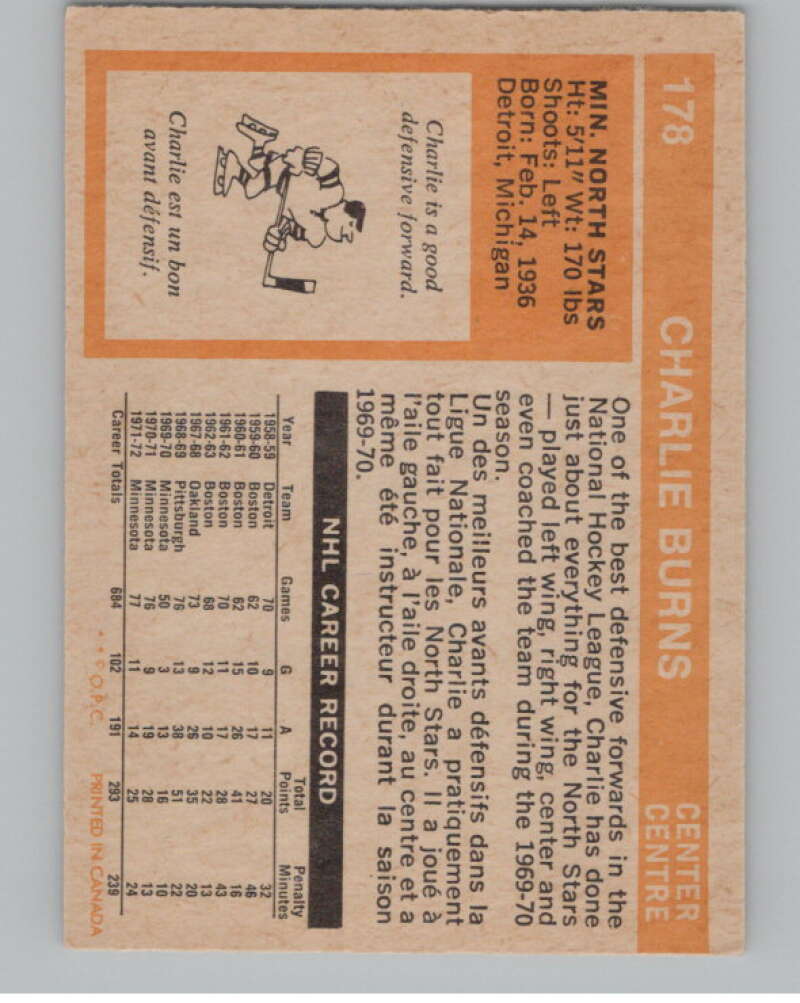 1972-73 O-Pee-Chee #178 Charlie Burns Minnesota North Stars V104544 Image 2