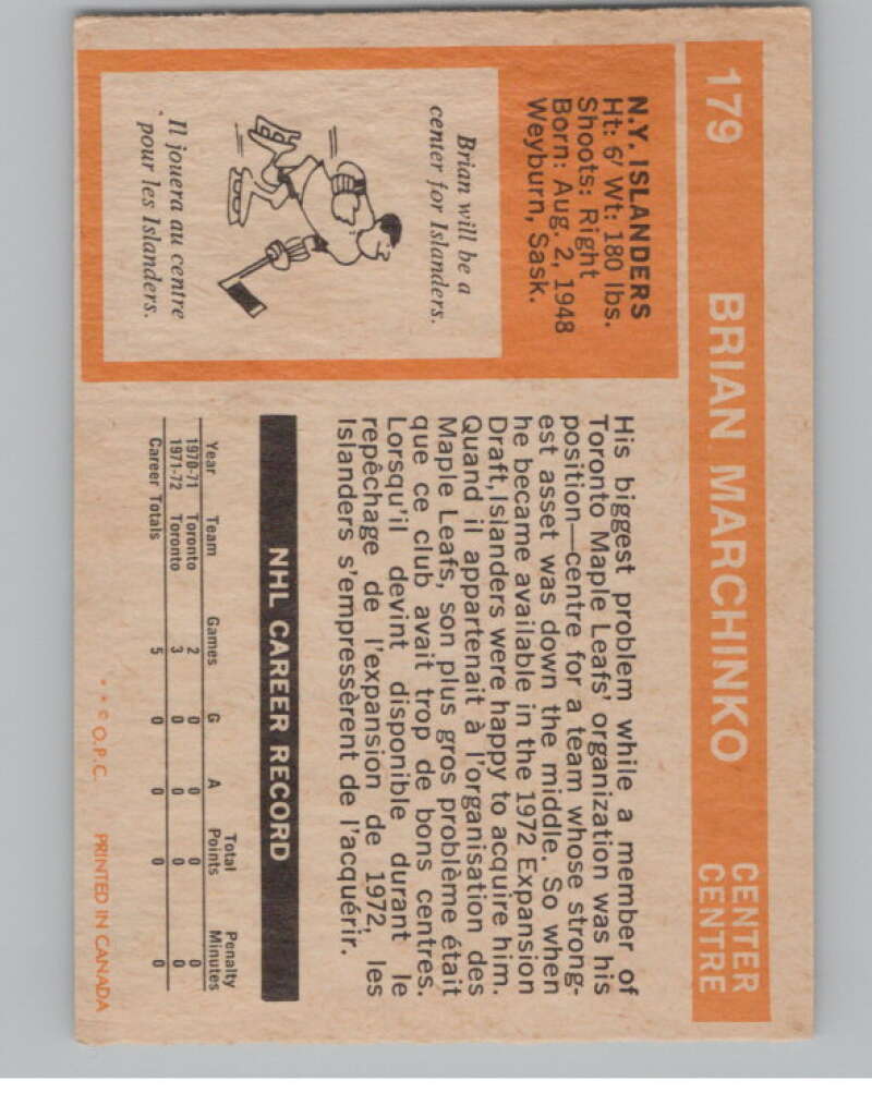 1972-73 O-Pee-Chee #179 Brian Marchinko RC Rookie New York V104546 Image 2