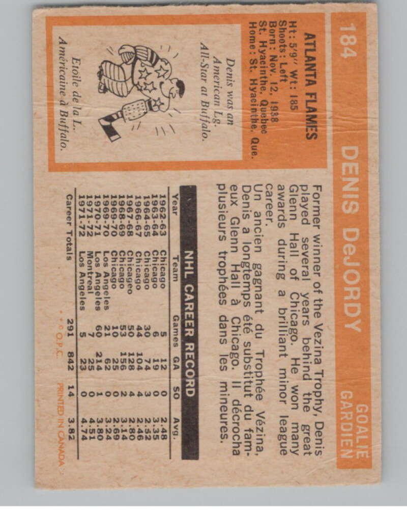 1972-73 O-Pee-Chee #184 Denis DeJordy UER Detroit Red Wings V104551 Image 2
