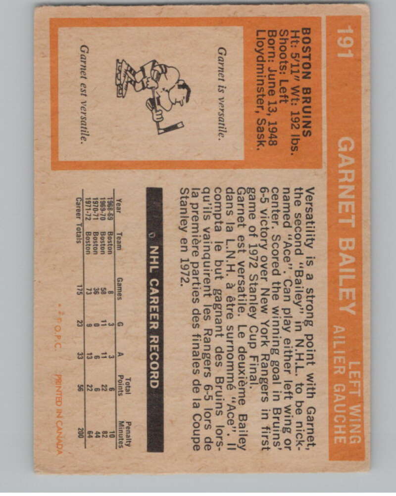 1972-73 O-Pee-Chee #191 Ace Bailey Boston Bruins V104556 Image 2