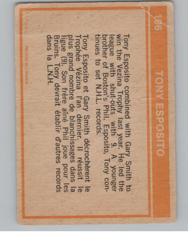 1972-73 O-Pee-Chee #196 Tony Esposito Chicago Blackhawks V104560 Image 2