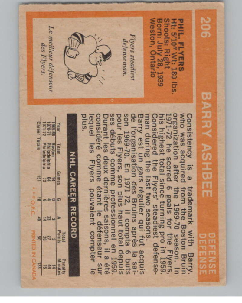 1972-73 O-Pee-Chee #206 Barry Ashbee Philadelphia Flyers V104566 Image 2