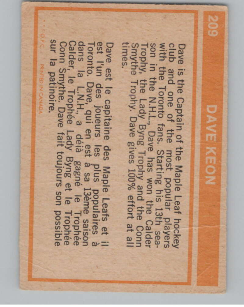 1972-73 O-Pee-Chee #209 Dave Keon Toronto Maple Leafs V104568 Image 2