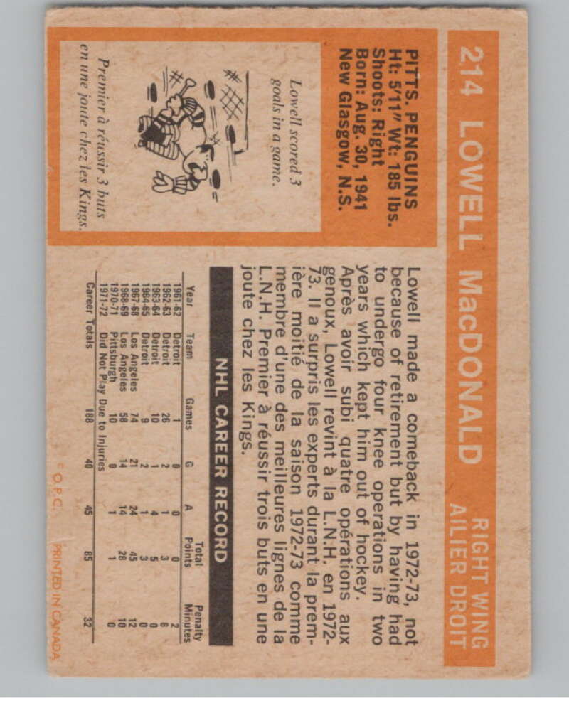 1972-73 O-Pee-Chee #214 Lowell MacDonald Pittsburgh Penguins V104569 Image 2