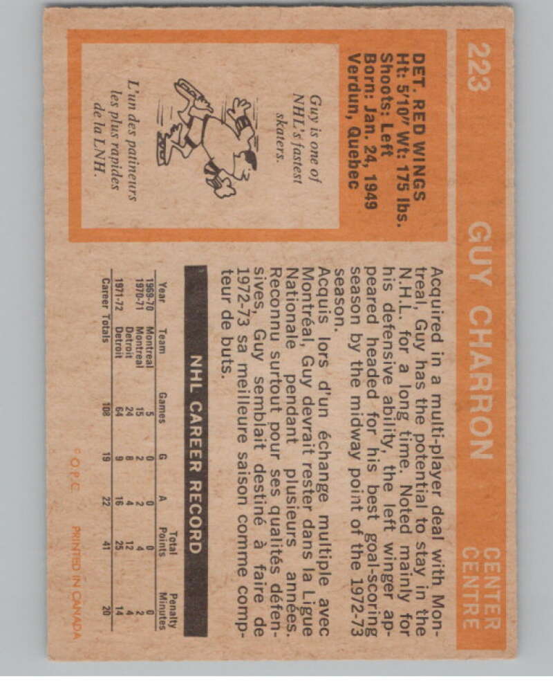 1972-73 O-Pee-Chee #223 Guy Charron RC Rookie Detroit Red Wings V104572 Image 2